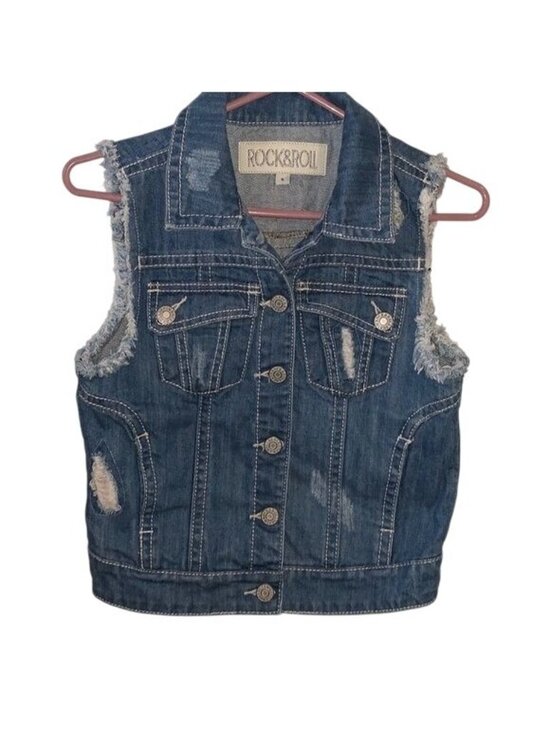 Rock & Roll Cowgirl Jackets & Blazers - Rock & Roll Cowgirl Womens Denim Vest S Distressed Sleeveless Western Style With
